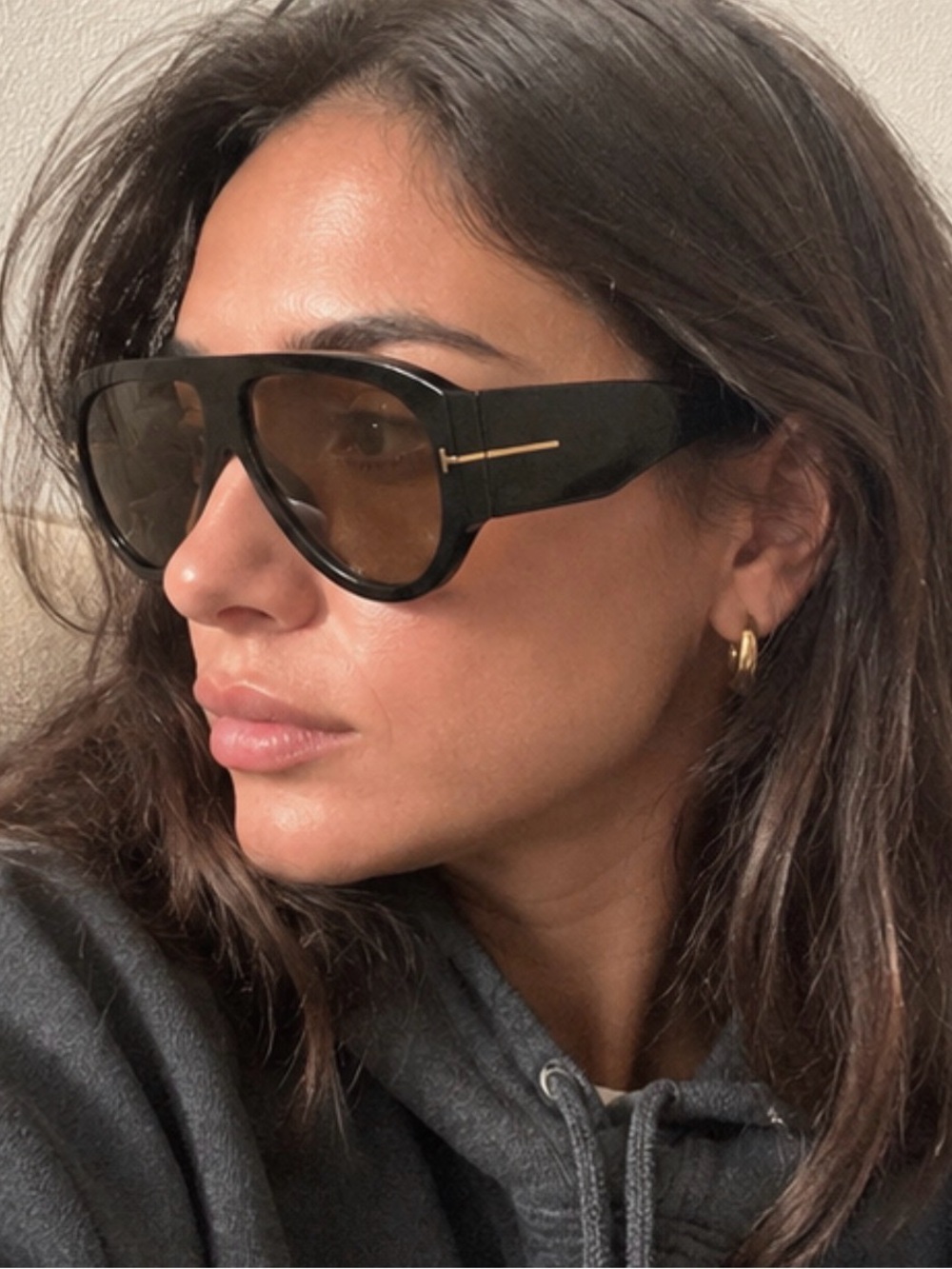 Oversized Black Frame Sunglasses Brown Tint Gold Detail Y2K